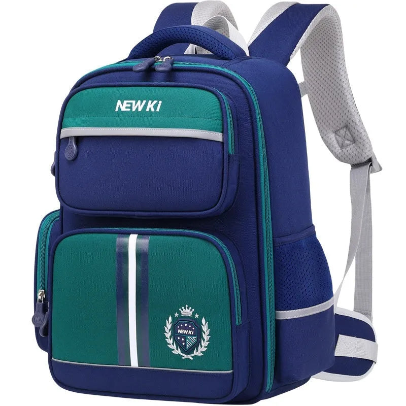 Children's waterproof canvas school backpack in solid colour with curved shoulder straps and spine protection