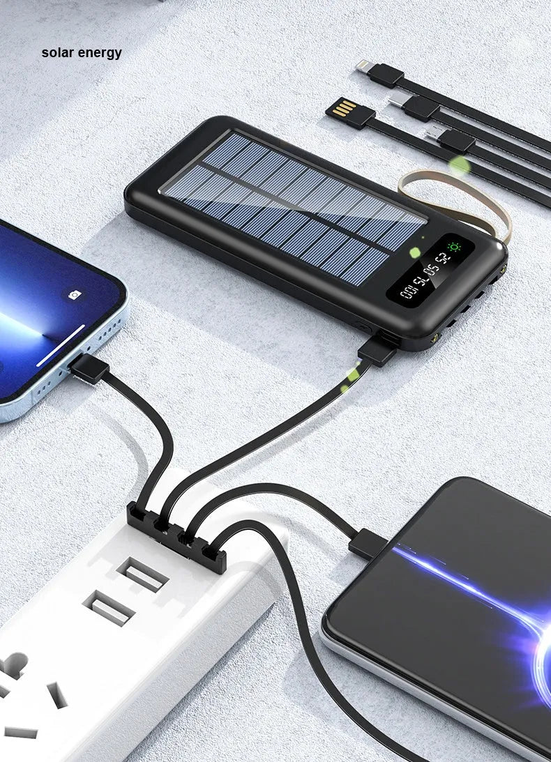 Black and white solar power bank showing front solar panel, dimensions 144mm x 68mm x 16mm, with included USB cable.