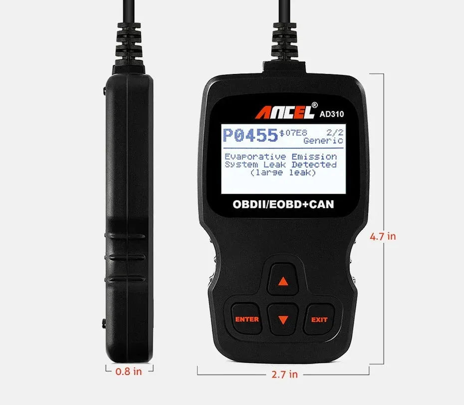 Black universal OBD2 automobile fault detector with engine scanning capability