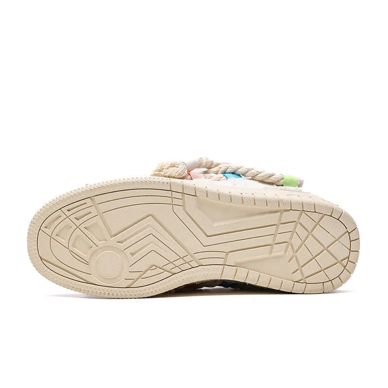 Creamy white retro skateboard shoes with old damage lace detailing and platform rubber sole