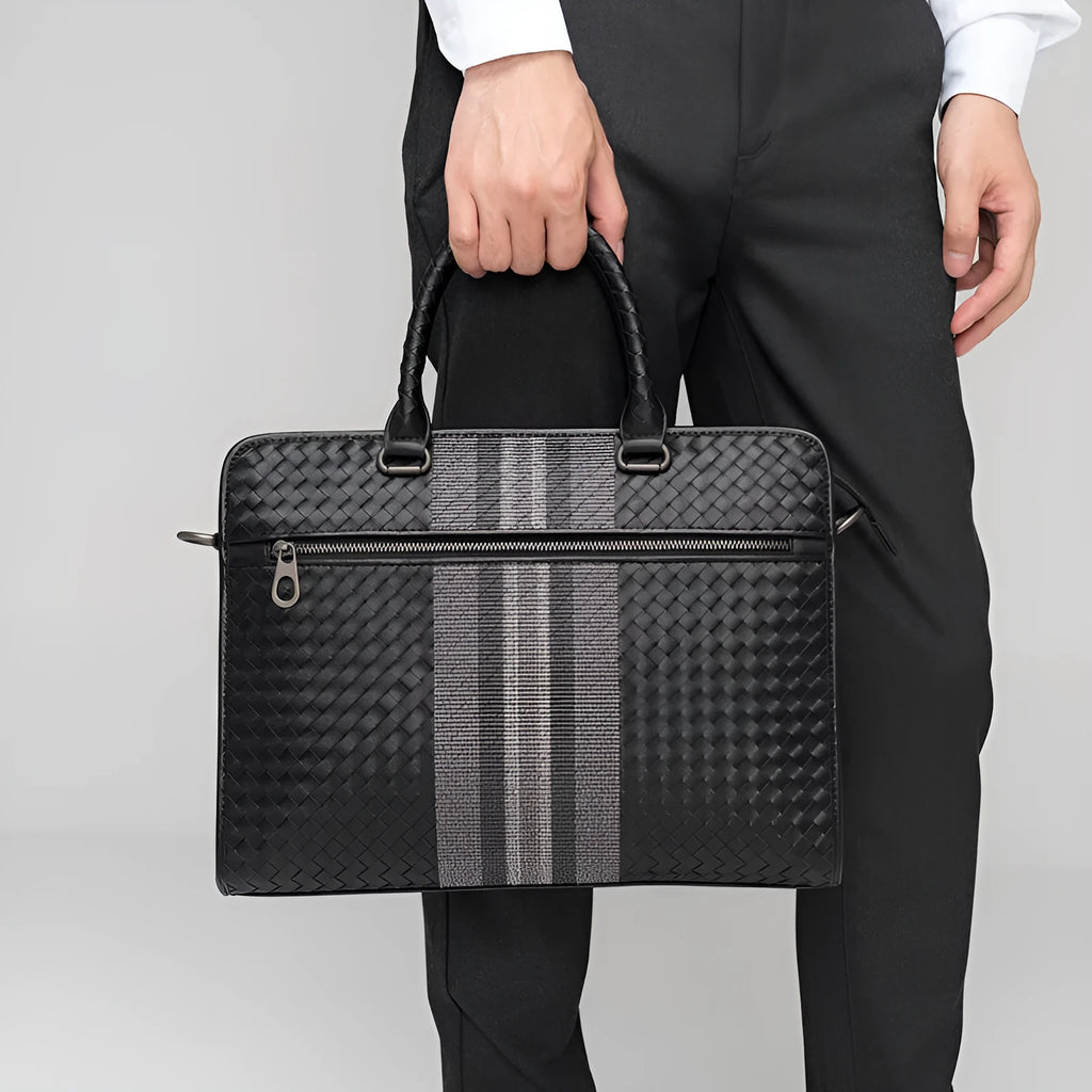 Black PU leather stitching woven business casual men's briefcase with shoulder strap and crossbody carry