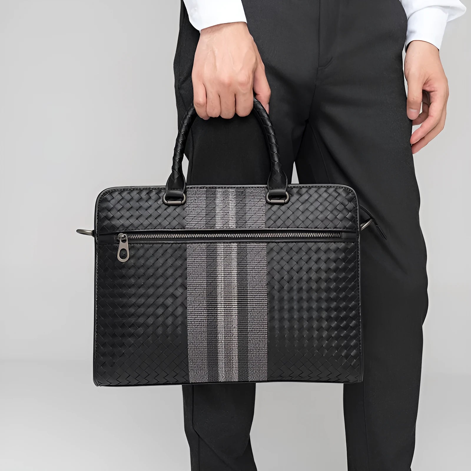 Black PU leather stitching woven business casual men's briefcase with shoulder strap and crossbody carry