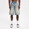 Men's loose straight-leg light blue cotton denim jeans on a white background