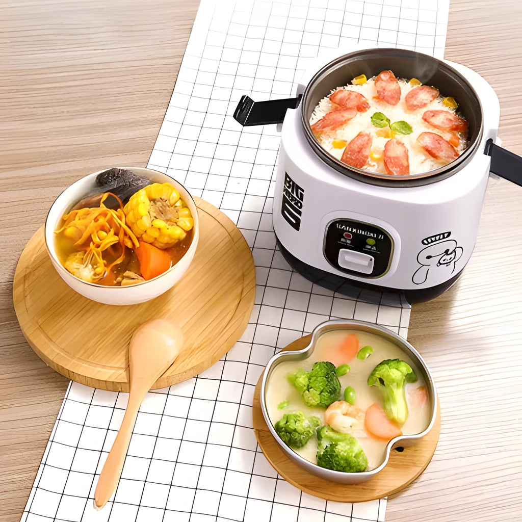 Small round automatic rice cooker with non-stick pot and steam pan for one or two people.