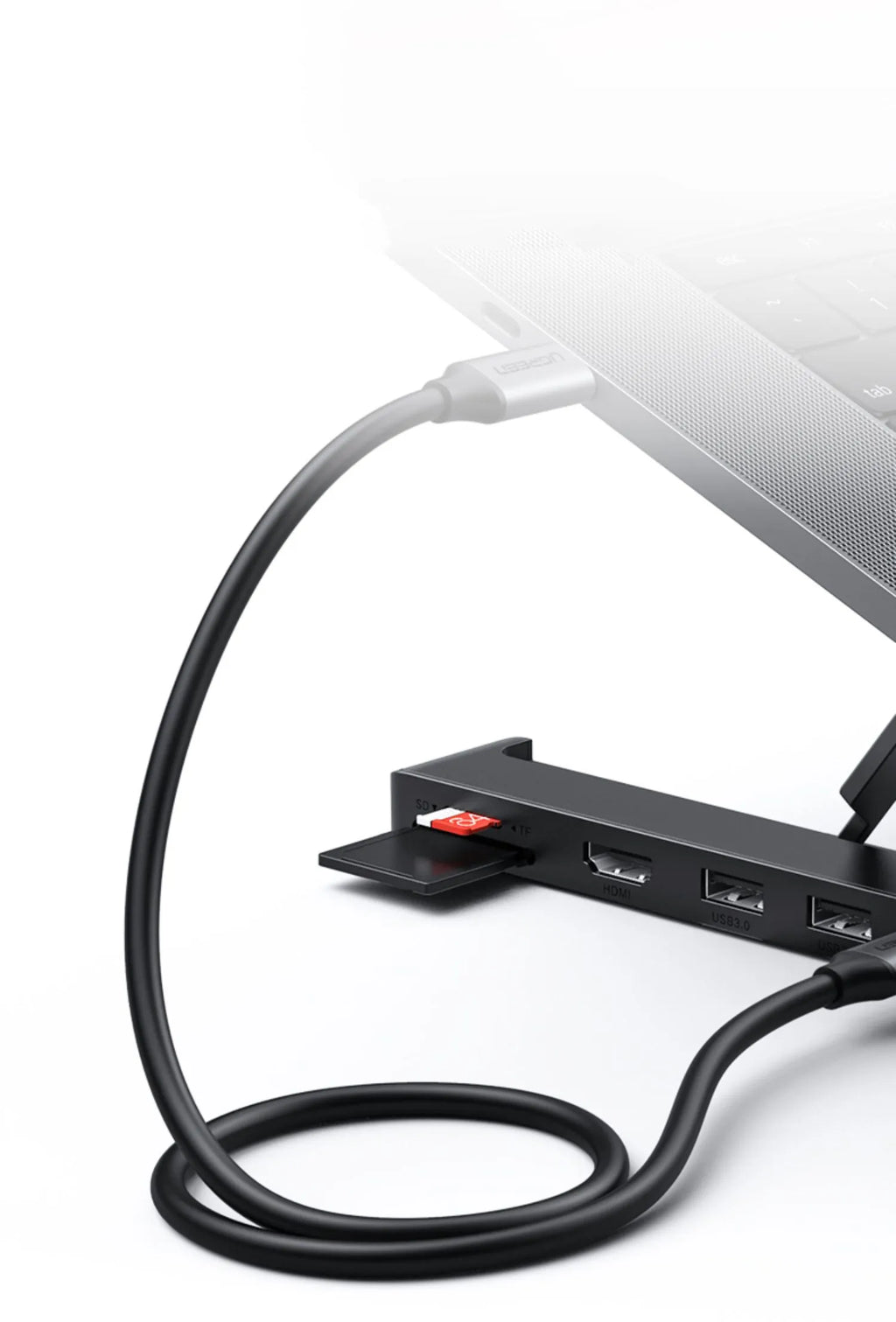 Folding aluminium laptop cooling rack with built-in 5-in-1 HDMI and USB hub