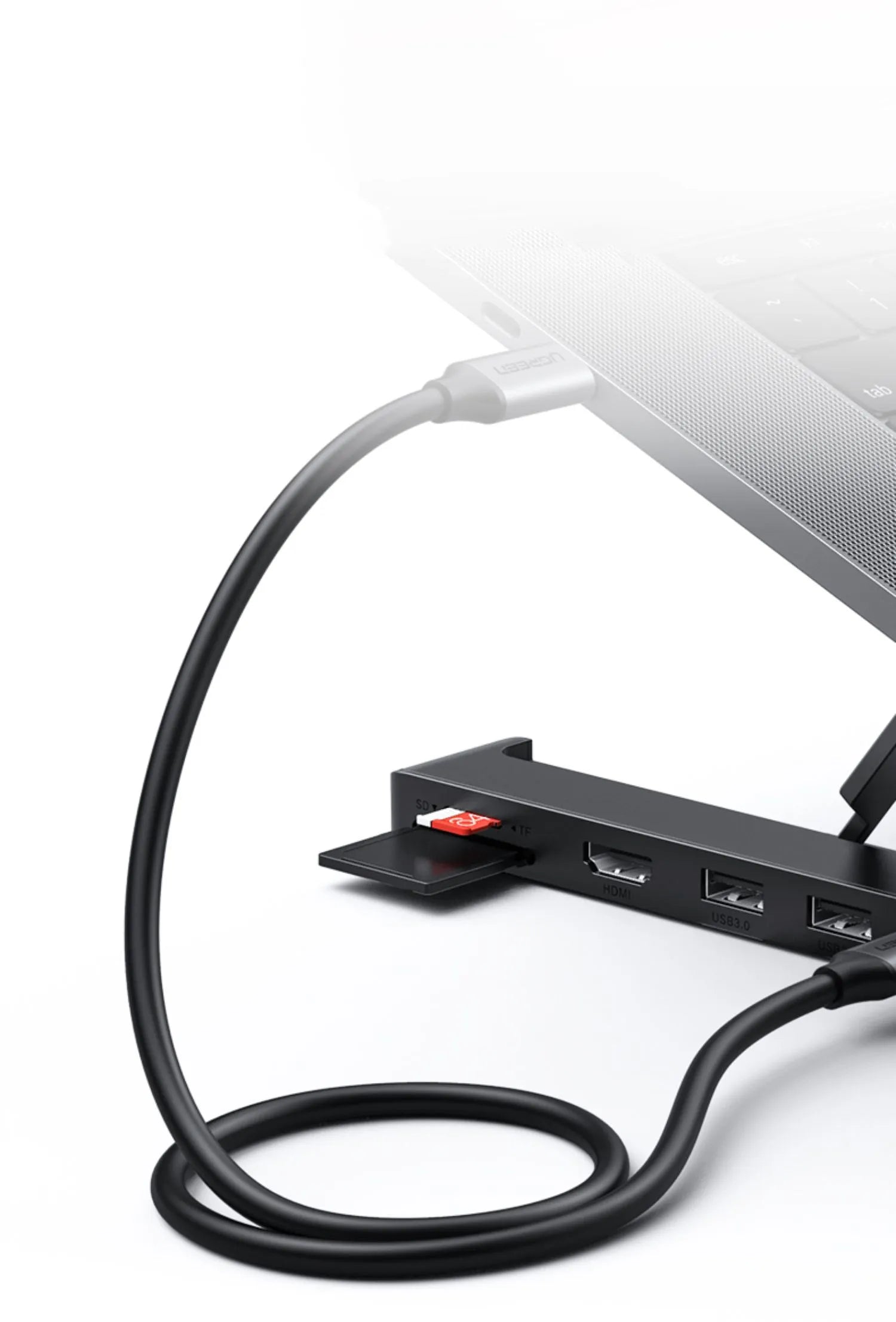 Folding aluminium laptop cooling rack with built-in 5-in-1 HDMI and USB hub