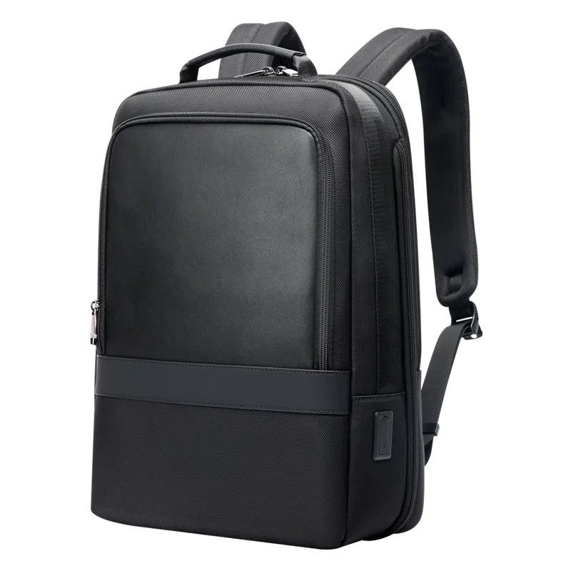 Men's commuter nylon backpack in black with stitched design and 20-35 litre capacity