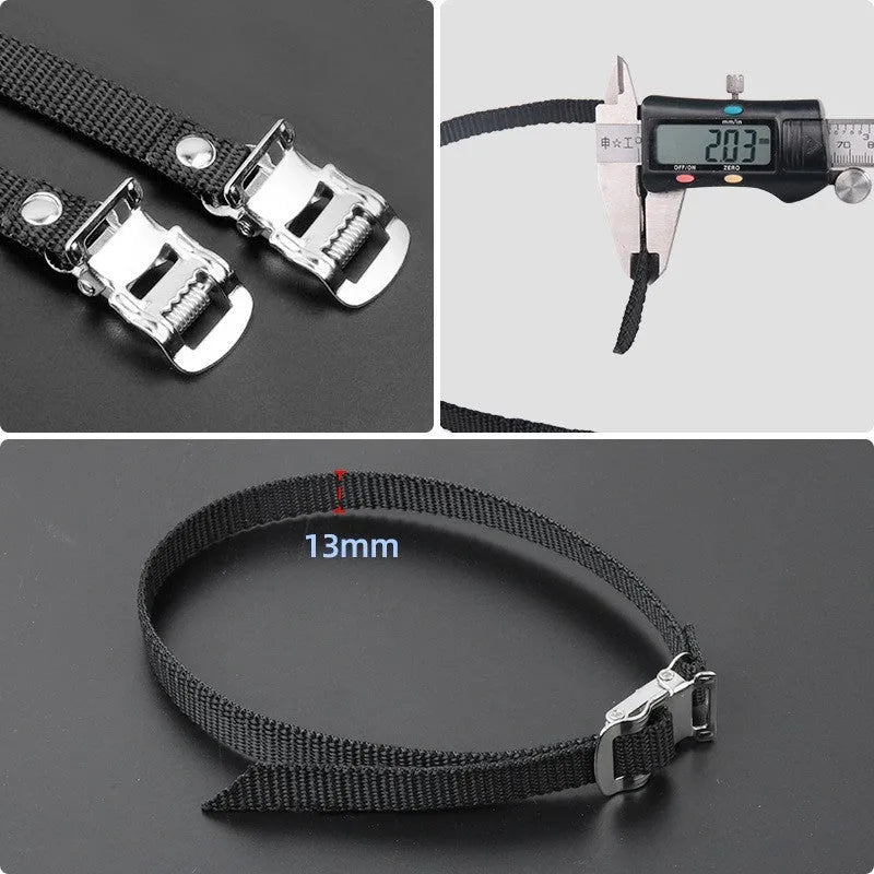 Fitness spinning pedal foot holder rope kit with plastic sets, metal bolts, and flange nuts on black background