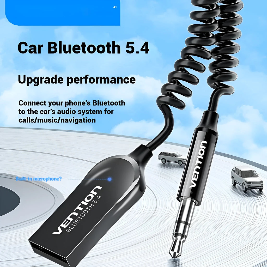 Black USB car Bluetooth receiver with USB-A connector and 3.5mm audio jack for wireless car audio conversion