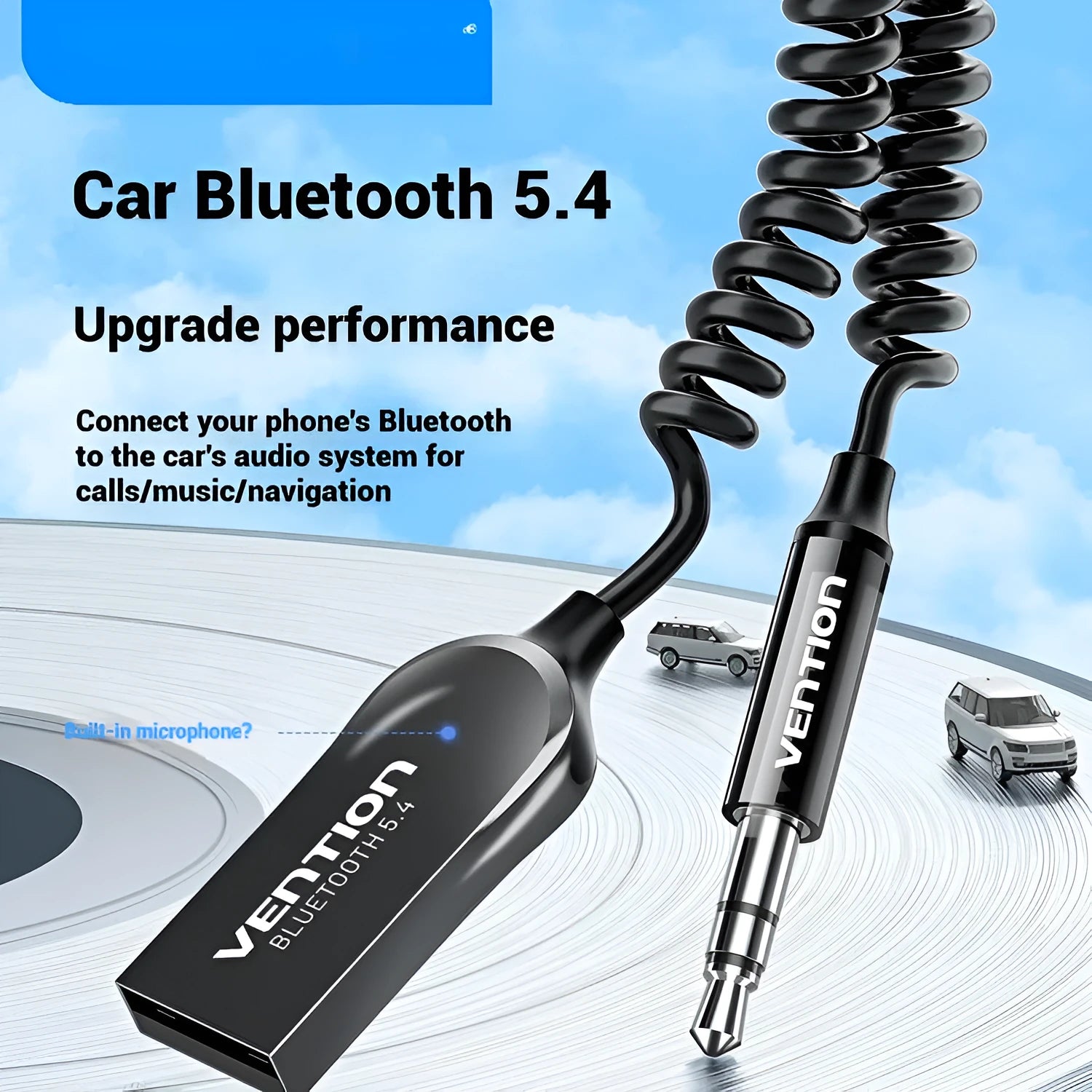 Black USB car Bluetooth receiver with USB-A connector and 3.5mm audio jack for wireless car audio conversion