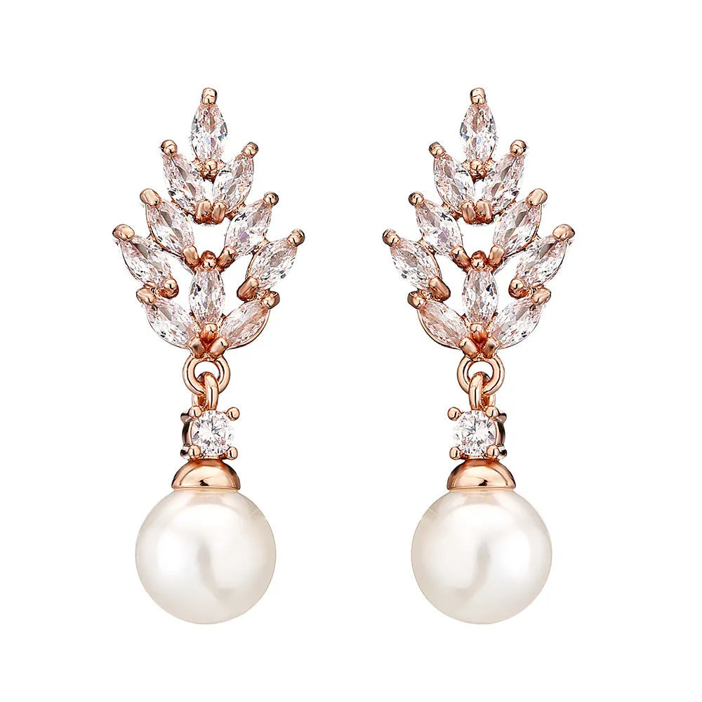 Geometric flower earrings with micro inlaid zircon and pearl accents in gold, white gold, and rose gold plating options