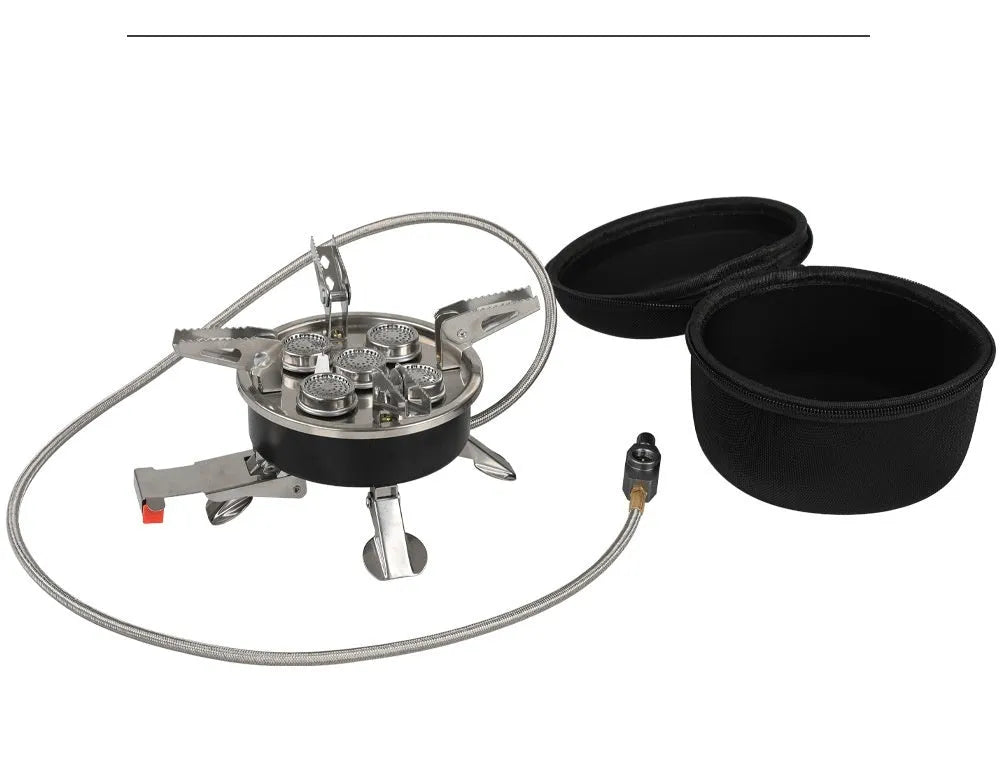 Silver portable split camping stove with extended copper hose on a 155x125mm stainless steel base.
