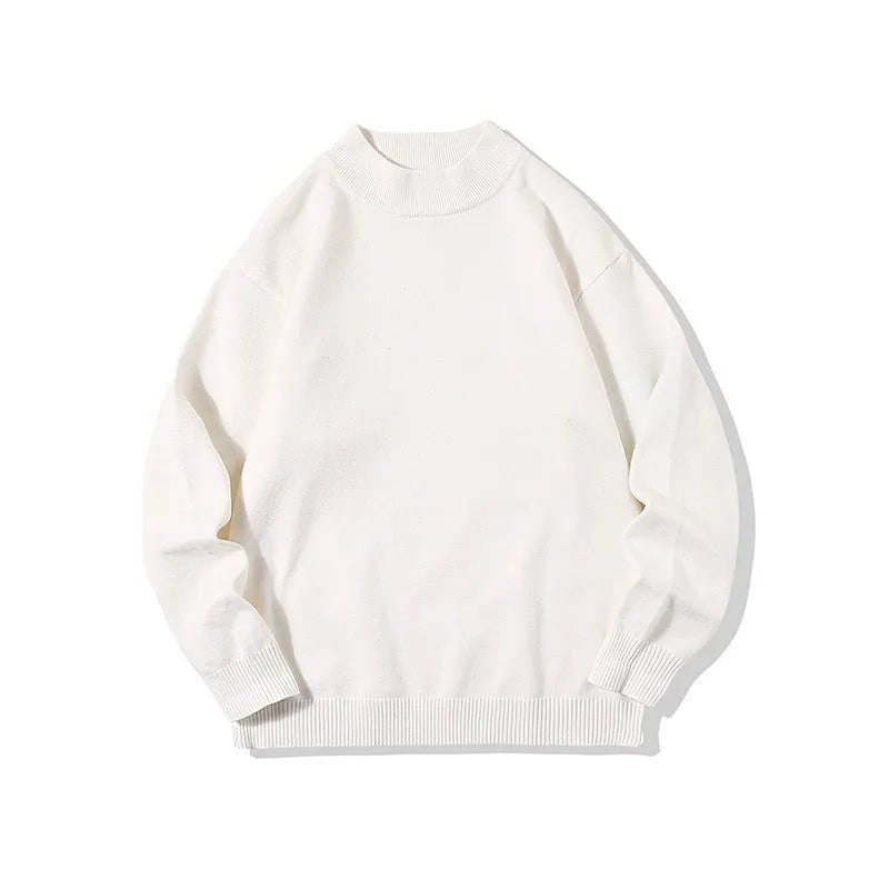 Men's loose fit round neck long sleeve sweater in a solid colour on a hanger.