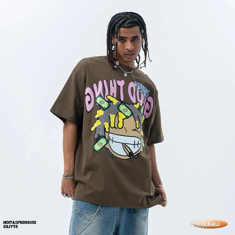 Men's pure cotton short sleeve t-shirt in white with cartoon print and loose fit