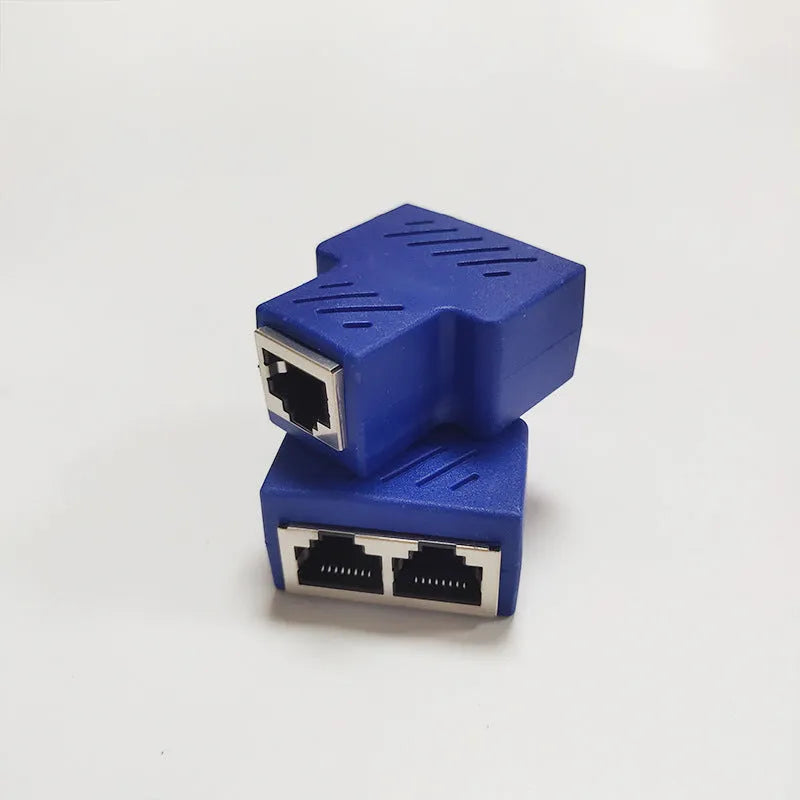 Two white RJ45 network tee splitters, one male to two female ports.