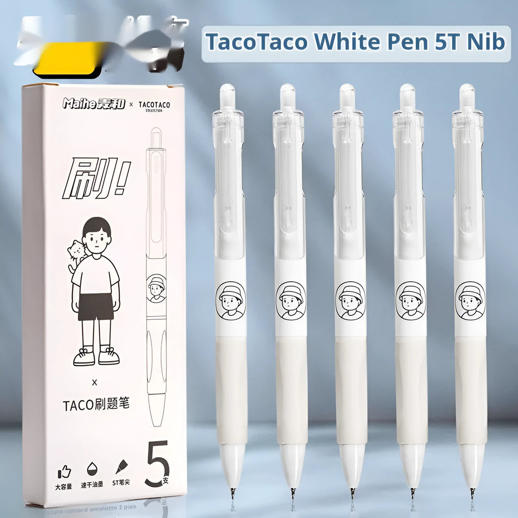 Five white plastic ballpoint pens with 0.5mm black ink tips arranged together.