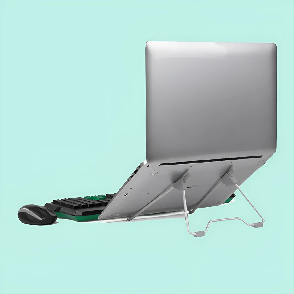 Grey aluminium mobile phone and laptop stand with adjustable tilt angle on a desk