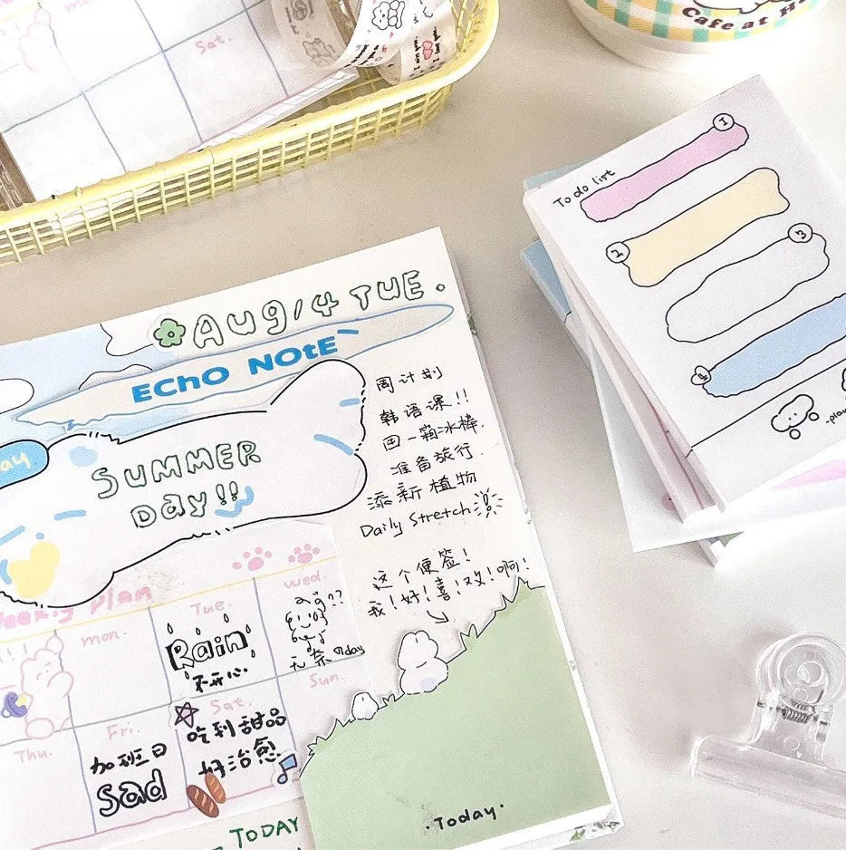 Cartoon sticky notes with animal designs in heart delivery theme, three size options shown