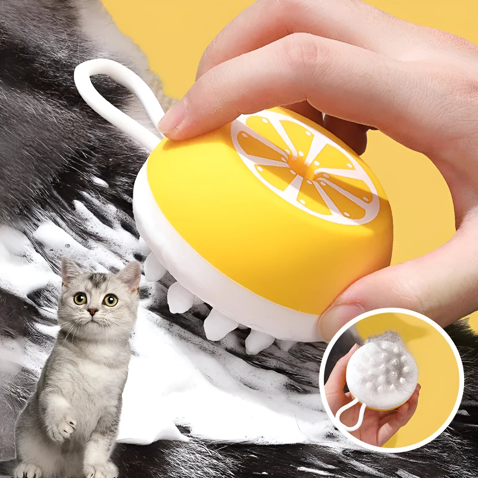 Yellow silicone pet bath brush with massage bristles and comb teeth on a blue background.