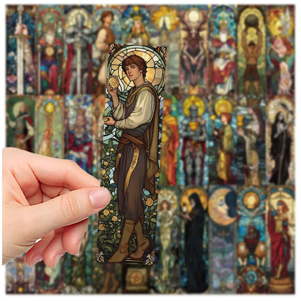 Portable Home set of 30 painted glass tarot themed paper bookmarks in cute handmade style.