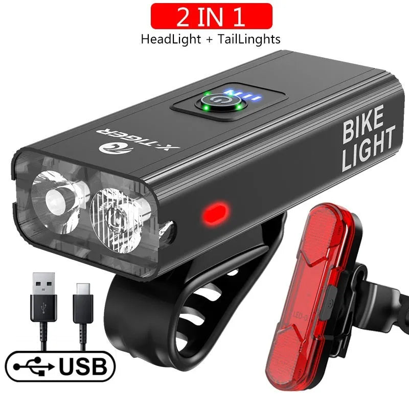 USB rechargeable bike light with power display, IPX6 waterproof, aluminium alloy body