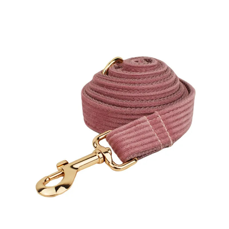 Corduroy dog collar and matching five-piece accessory set with leash, vest, bow, and bag in coordinated colours