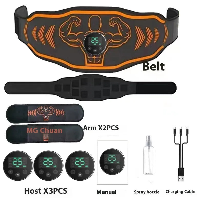 Blue and orange Smart Massage Belt EMS sets showing rechargeable host unit, adjustable fitness belt, and arm muscle stickers.