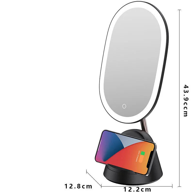 White desktop makeup mirror with integrated lighting standing 43.9cm tall on table surface