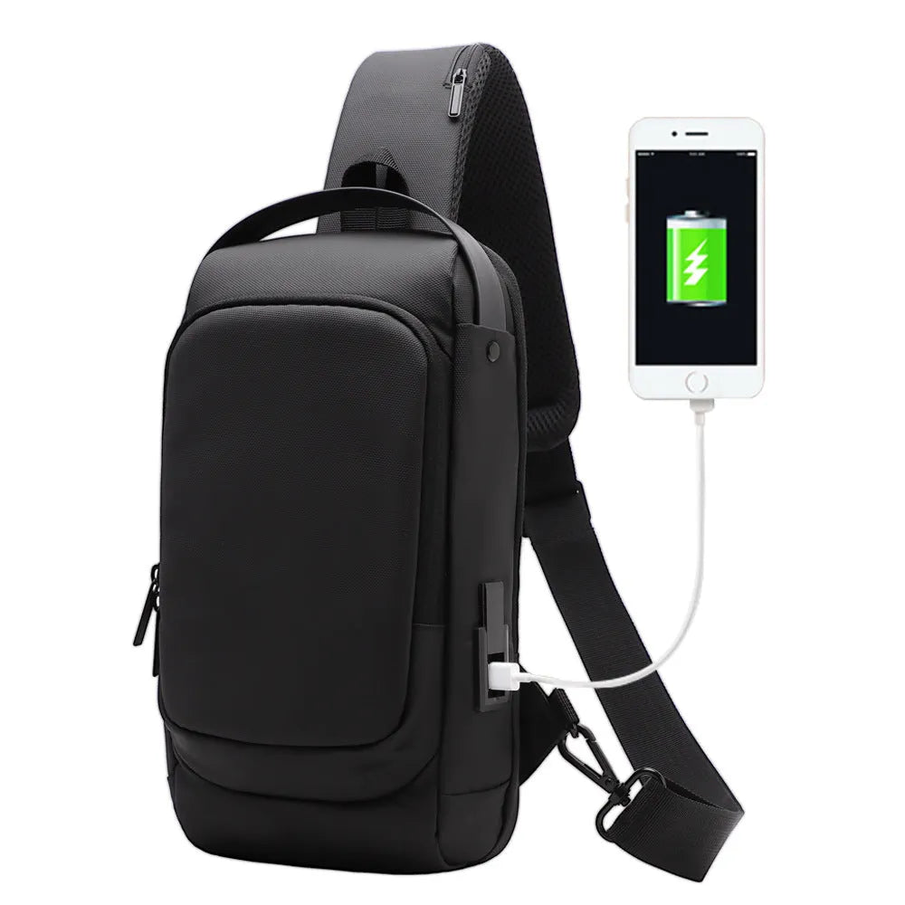Men's black polyester crossbody shoulder bag with USB charging port and contrast-colour accents