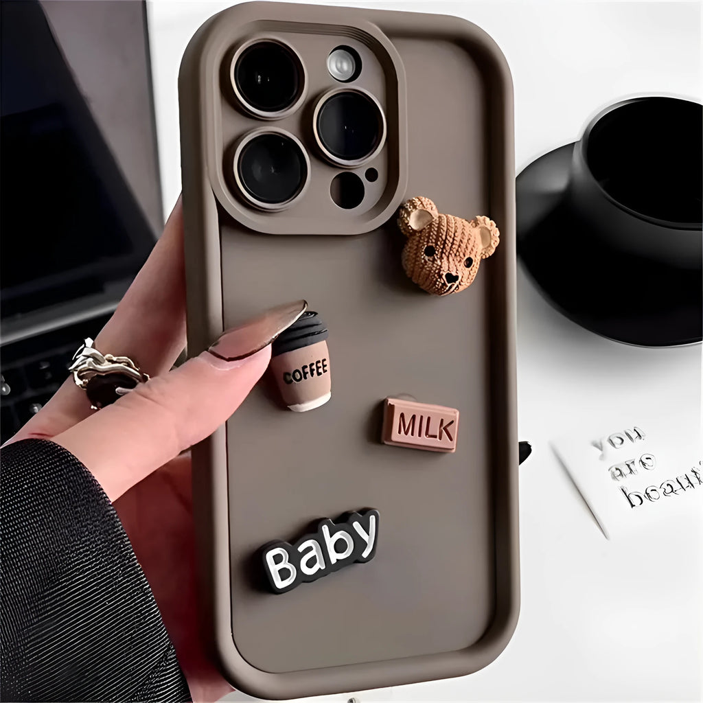 Coffee doll bear soft shell TPU phone case in brown with frosted finish for iPhone models