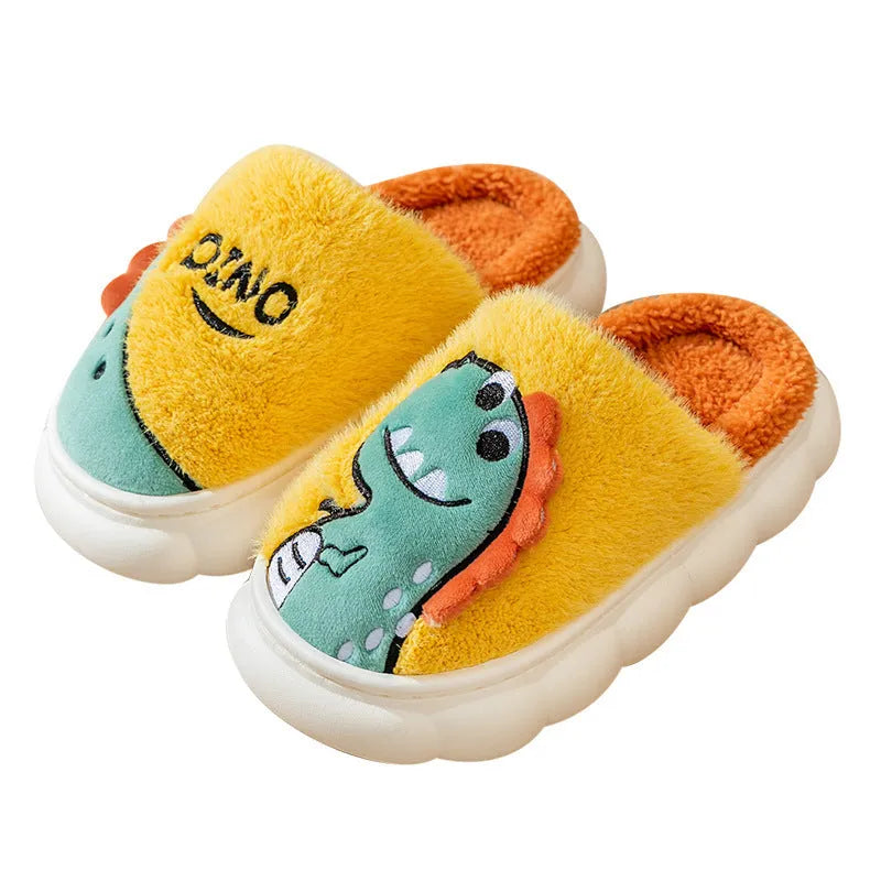 A pair of warm plush cotton couple slippers with a dinosaur design, shown in grey, coffee, or orange-yellow colour options.