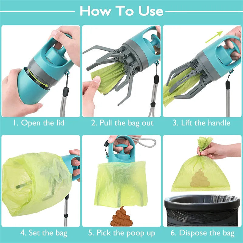 Blue portable dog pooper scooper with eight-claw shovel and built-in bag dispenser