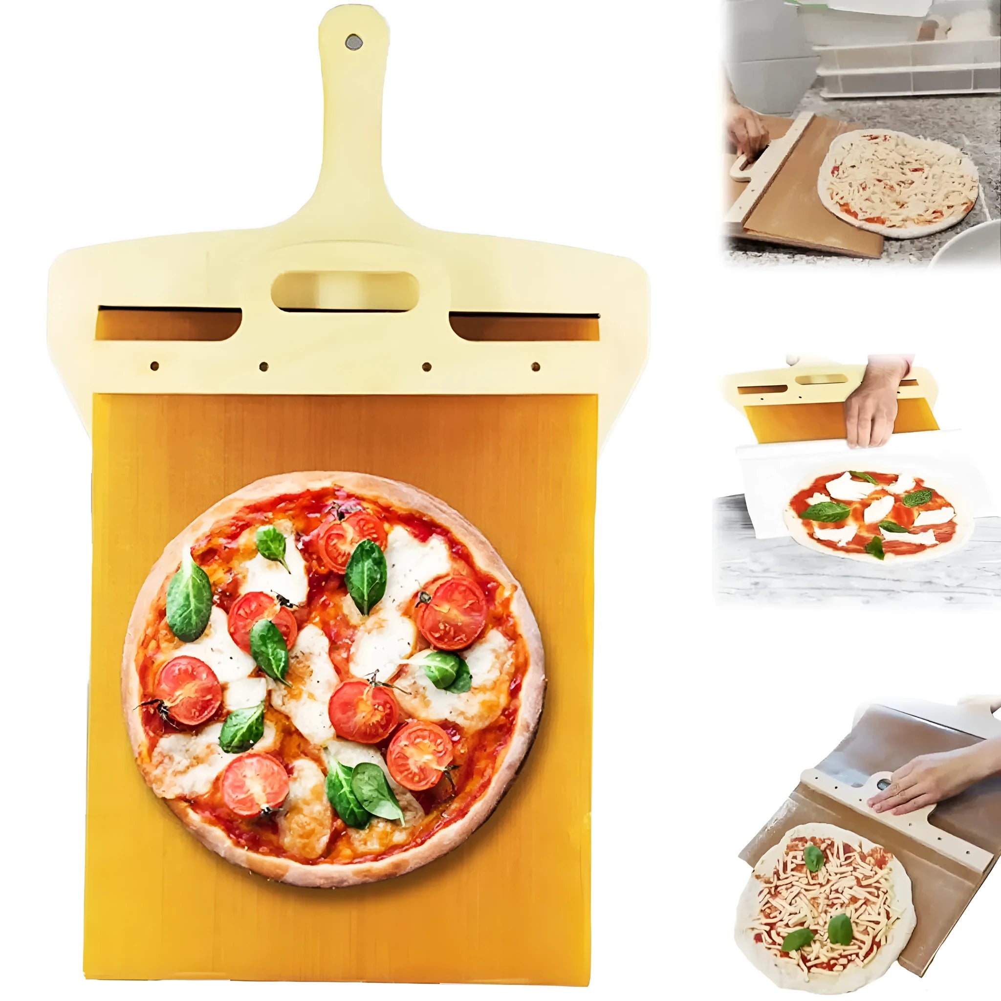 White plastic pizza transfer shovel on a kitchen counter, showing its flat board surface and handle with hanging hole.