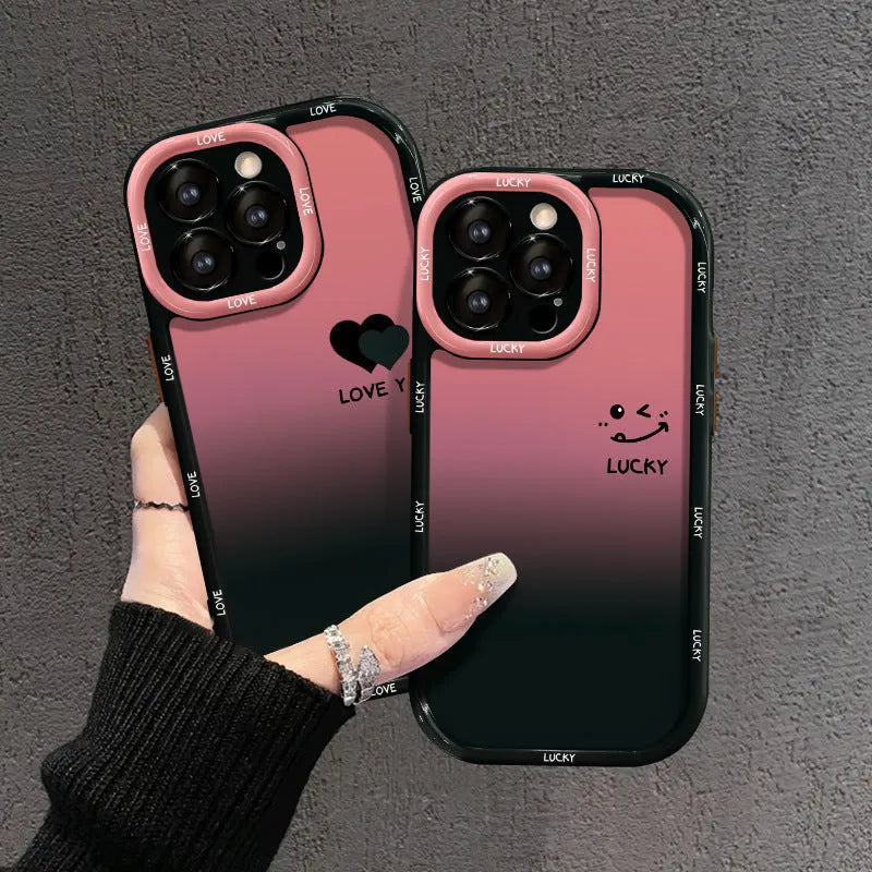 Acrylic iPhone case with fine hole pattern showing gradient love heart design on black background