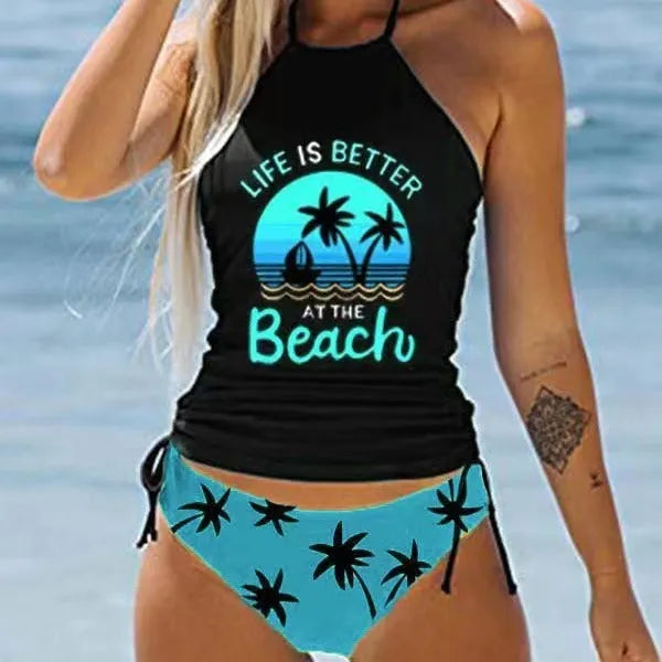Conservative ladies swimsuit with colourful split design and briefs style for swimming