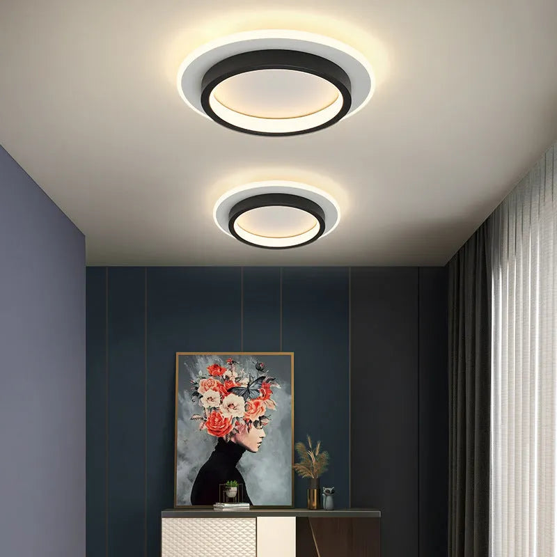 Nordic LED ceiling light surface mounted on hallway ceiling, black finish, warm light on