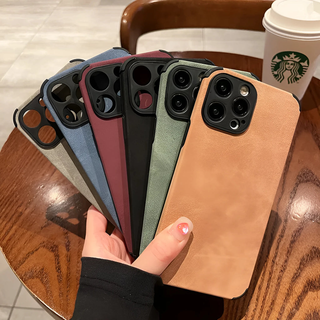 Simple solid colour fur phone case in black for iPhone, imitation leather texture with slim design