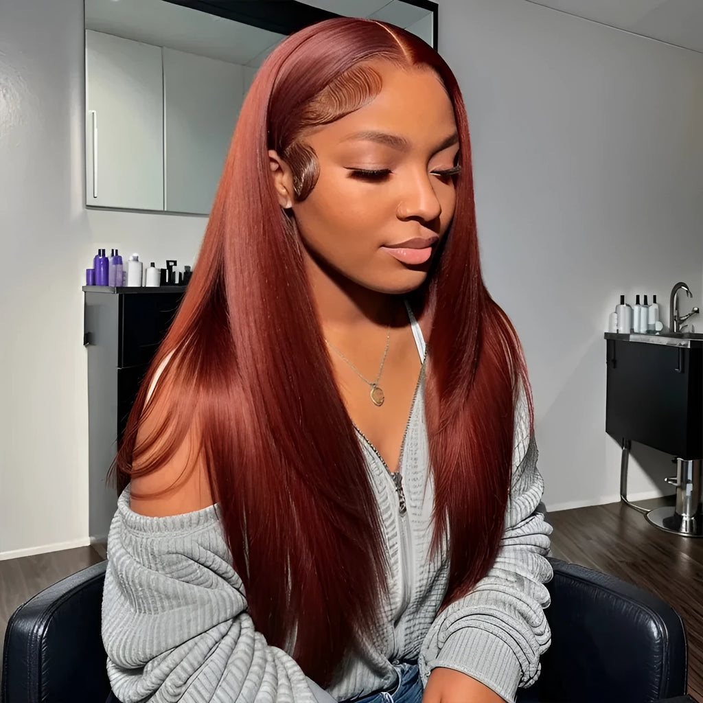 Straight 13x4 human hair lace front wig, hand woven, 150% density, 20 inch length, long straight style with side bangs.