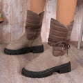 Women's chunky heel high-top snow boots in suede with fleece lining, shown in black, brown, and grey.