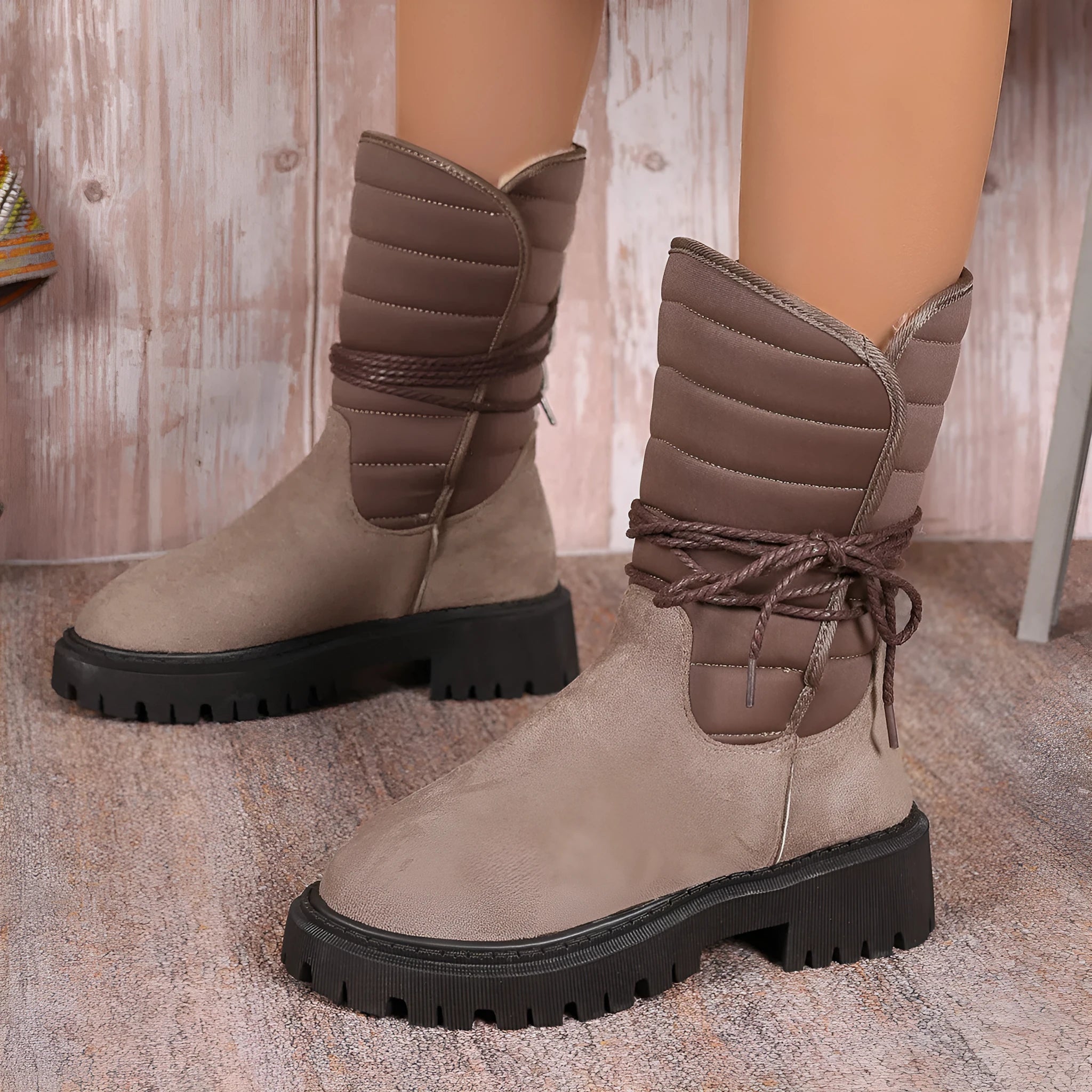 Women's chunky heel high-top snow boots in suede with fleece lining, shown in black, brown, and grey.