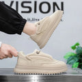 PU leather casual shoes with a thick sole and low heel in khaki, apricot, ivory white, and black knight colours.