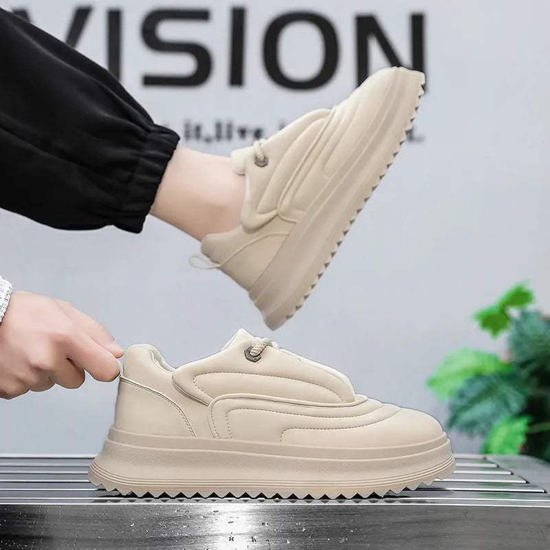 PU leather casual shoes with a thick sole and low heel in khaki, apricot, ivory white, and black knight colours.