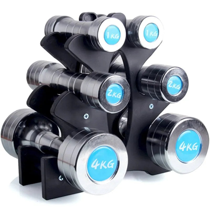 White PVC dumbbell rack fitness stand on gym floor, removable bracket for weight storage.