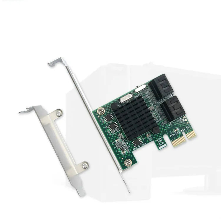 Green PCIe to SATA3.0 extension card with four SATA ports, PCIe x1 interface, 2U baffle, 120mm x 65mm x 56mm.
