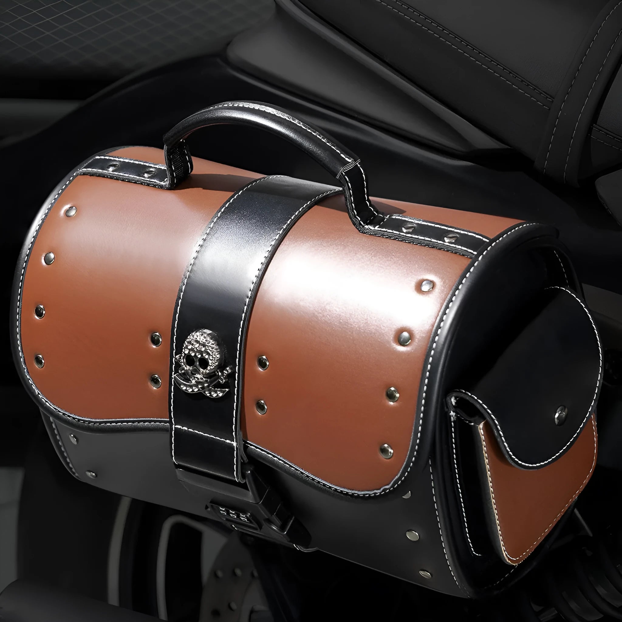 PU leather motorcycle front bag with patchwork design, mounted on handlebars.