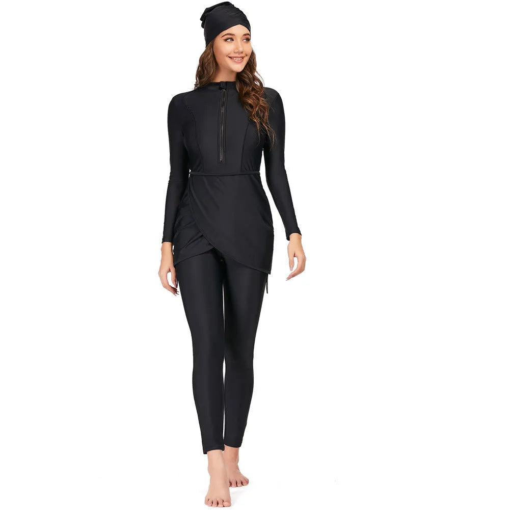 Black conservative Muslim swimsuit for ladies with full-coverage design and quick-drying fabric