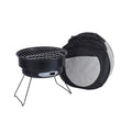 Small round folding metal ice stove with grill and foldable legs packed in a carry bag.