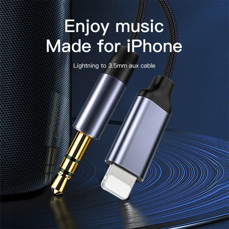 Black and silver woven nylon 3.5mm auxiliary audio cable with 0.5m, 1m, and 1.5m length options.