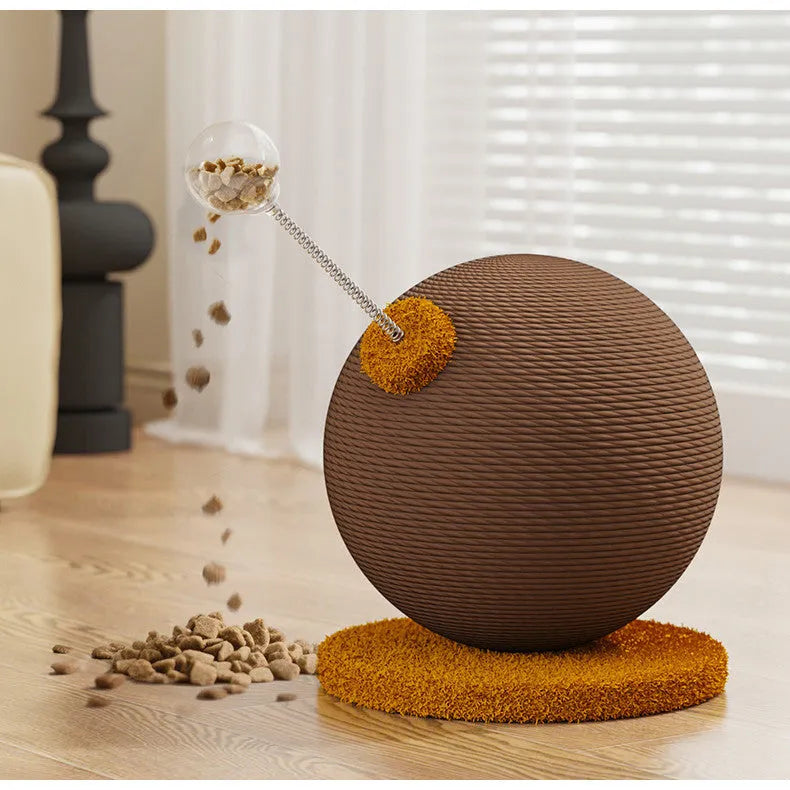 Sisal cat scratch board with dangling braided hemp rope toy and attached treat ball on a wooden base.