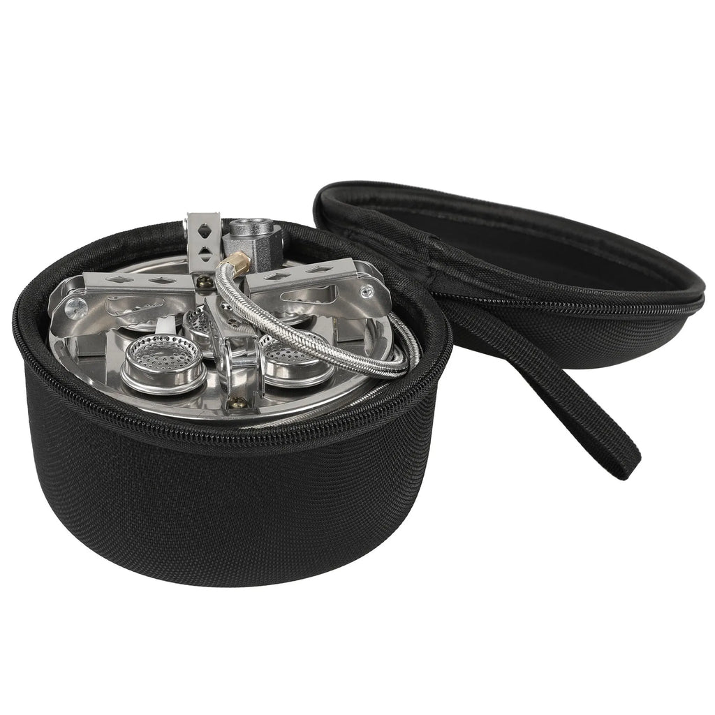 Silver portable split camping stove with extended copper hose on a 155x125mm stainless steel base.